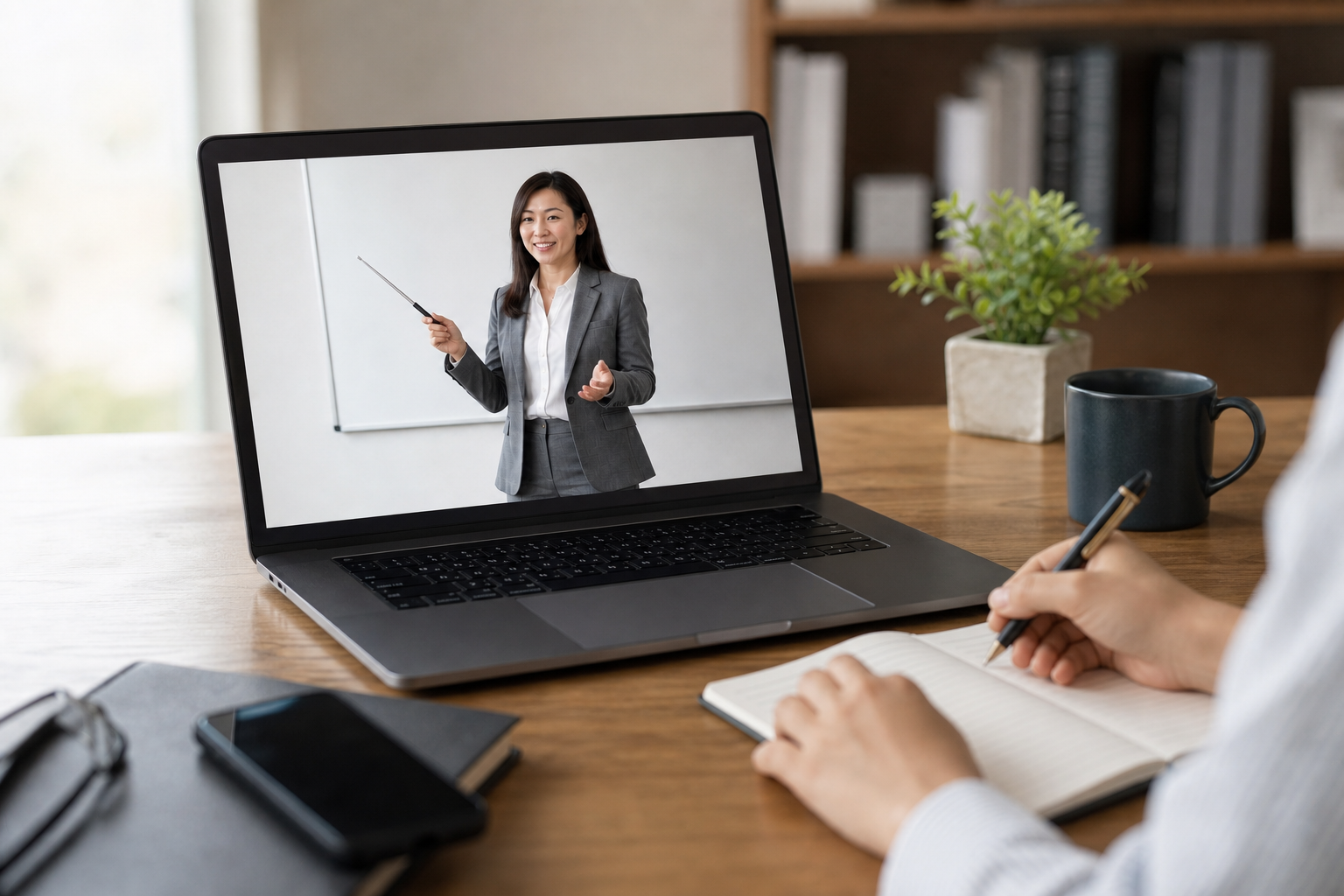 Online Learning Setup on Wood Grain Desk